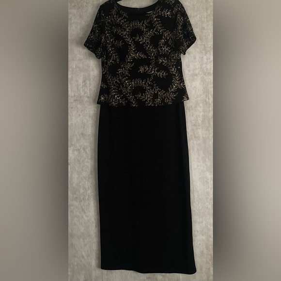 JESSICA HOWARD-VTG One Pc Top Look Evening Maxi Dress Blk Gold Leaf Sparkle Sz14 - Picture 7 of 7